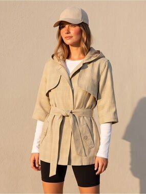 Dkny Beige Plaid Hooded Belted Trench Coat